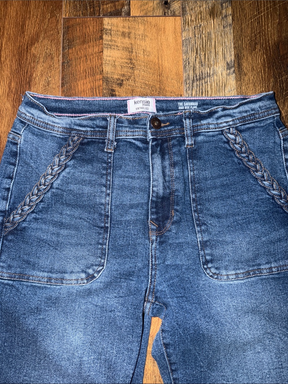 Kensie Dark Blue High-Rise Jeans with Braided Pocket Trim